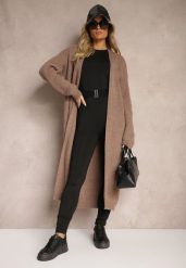 Brązowy Nierozpinany Casualowy Kardigan o Długim Kroju Ozdobiony Ściągaczami Arfilia. Brązowe kardigany Renee, bez wzorów, z jeansu. Za 159.99 zł.
