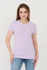 GUESS Lawendowy damski t-shirt Sangallo Tee, Rozmiar L. Czarne t-shirty Guess, l, z aplikacjami, bez kołnierzyka, bez ramiączek. W wyprzedaży za 149.99 zł.