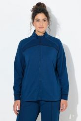 Damskie Bluza rozpinana wstawki prążkowane stójka długi rękaw. Niebieskie bluzy Ulla Popken, plus size, bez wzorów, z bawełny, z kapturem. Za 239.99 zł.
