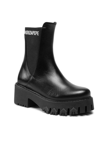 Patrizia Pepe Botki CY9814/L011-K103 Czarny. Czarne botki Patrizia Pepe, bez wzorów, ze skóry, bez obcasa, na słupku, bez zapięcia. Za 1,339.00 zł.