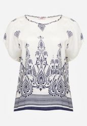 Granatowa Wiskozowa Bluzka z Etnicznym Wzorem Melloshell. Niebieskie bluzki Born2be, l, bez wzorów, z wiskozy, eleganckie, bez kołnierzyka, bez ramiączek. Za 49.99 zł.