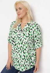 Zielono-Biała Bluzka z Trójkątnym Dekoltem w Fantazyjny Print Anola. Zielone bluzki Born2be, xl, bez wzorów, biznesowe, bez kołnierzyka, bez ramiączek. Za 39.99 zł.