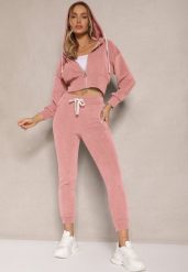 Różowy Komplet Dresowy z Bawełny Bluza z Kapturem i Spodnie Slim Inerisa. Czerwone bluzy Renee, l, z aplikacjami, z bawełny, z kapturem. Za 109.99 zł.