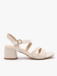 Kremowe sandały z pasków. Brązowe sandały Ryłko, bez wzorów, ze skóry, eleganckie, bez obcasa, na obcasie, bez zapięcia. Za 399.99 zł.