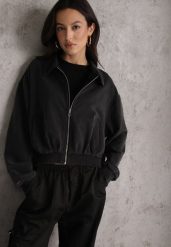 Czarna Bluza Bomberka z Bawełny Oversize Ozdobiona Kołnierzem Vimelles. Czarne bluzy Renee, m, bez wzorów, z bawełny, bez kaptura. Za 149.99 zł.