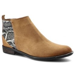 Botki damskie Carinii, naturalna skóra zamszowa z kontrastową wstawką o fakturze skóry węża z tyłu cholewki oraz niskim stabilnym obcasem, rude, B567. Brązowe botki Carinii, na jesień, bez wzorów, z jeansu, bez obcasa, na obcasie, bez zapięcia. Za 269.00 zł.