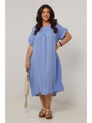 Curvy Lady Lniana sukienka w kolorze błękitnym rozmiar: 40/42. Niebieskie sukienki Curvy Lady, na co dzień, bez wzorów, ze lnu, klasyczne, bez kołnierzyka, bez ramiączek, midi, proste. Za 202.95 zł.
