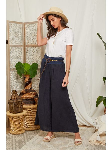 Lin Passion Lniane spodnie w kolorze granatowym rozmiar: 40/42. Niebieskie spodnie materiałowe Lin Passion, bez wzorów, ze lnu, z podwyższonym stanem. Za 153.71 zł.