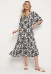 Niebieska Sukienka z Bawełną w Abstrakcyjny Wzór Filindela. Niebieskie sukienki Born2be, na co dzień, l, z aplikacjami, z bawełny, eleganckie, bez kołnierzyka, bez ramiączek, midi. Za 49.99 zł.