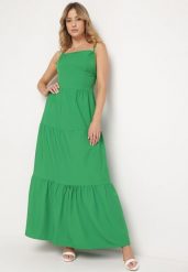 Zielona Rozkloszowana Sukienka na Ramiączkach Zawiązywana z Tyłu z Elastyczną Gumką w Talii Grililena. Zielone sukienki Born2be, na lato, l, bez wzorów, bez kołnierzyka, bez ramiączek, rozkloszowane. Za 49.99 zł.