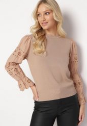 Beżowy Sweter z Ażurowym Rękawem Ozdobionym Haftem Obylike. Brązowe swetry Born2be, w ażurowe wzory, bez ramiączek. Za 84.99 zł.