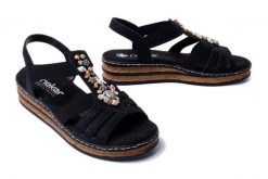 RIEKER 62949-00 black, sandały damskie. Czarne sandały Rieker, bez wzorów, bez obcasa, na koturnie, bez zapięcia. Za 209.93 zł.