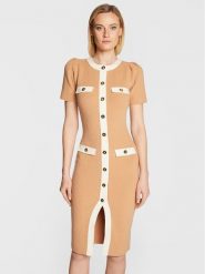 Elisabetta Franchi Sukienka dzianinowa AM-69Q-26E2-V470 Beżowy Slim Fit. Brązowe sukienki Elisabetta Franchi, bez wzorów, z dzianiny, bez kołnierzyka, bez ramiączek. Za 2,129.00 zł.