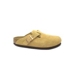 Klapki damskie Birkenstock boston vl. Brązowe klapki Birkenstock, bez wzorów, z materiału, bez obcasa. Za 632.40 zł.