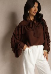 Brązowa Bluzka z Wiskozy z Transparentną Wstawką Falbanami i Wiązaniem Fillenea. Brązowe bluzki Renee, m, z aplikacjami, z jeansu, eleganckie, bez kołnierzyka, bez ramiączek. W wyprzedaży za 90.99 zł.
