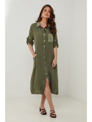 Rodier Lin Lniana sukienka w kolorze khaki rozmiar: M/L. Brązowe sukienki Rodier Lin, l, bez wzorów, ze lnu, bez kołnierzyka, bez ramiączek, midi. Za 223.99 zł.