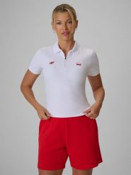 4F Koszulka kibica polo damska - biała XS. Białe koszulki polo 4f, xs, bez wzorów, z materiału, bez kołnierzyka, bez ramiączek. Za 99.99 zł.