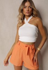 Pomarańczowe Szorty Bermudy High Waist z Dodatkiem Bawełny Wiązane w Pasie Quisevia. Brązowe szorty Renee, bez wzorów, z bawełny, z podwyższonym stanem. Za 39.99 zł.