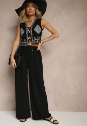 Czarne Spodnie z Bawełną o Szerokim Kroju High Waist Ozdobione Guzikami Morritia. Czarne spodnie materiałowe Renee, na co dzień, l, bez wzorów, z bawełny, z podwyższonym stanem. W wyprzedaży za 47.99 zł.