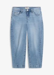 Jeansy o kroju barrel, średni stan, cropped. Niebieskie jeansy bonprix, bez wzorów. Za 147.99 zł.