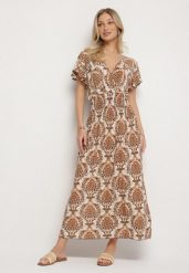 Ciemnobeżowa Sukienka w Etno Wzór z Falbankami i Gumką w Pasie Ellivira. Brązowe sukienki Born2be, na co dzień, l, bez wzorów, eleganckie, bez kołnierzyka, bez ramiączek, maxi, kopertowe. Za 49.99 zł.
