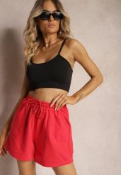 Czerwone Dresowe Szorty High Waist z Gumką w Talii Narefia. Czerwone szorty Renee, w ażurowe wzory, z dresówki, eleganckie, z podwyższonym stanem. Za 24.99 zł.