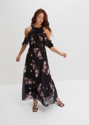 Długa sukienka z siateczki. Czarne sukienki bonprix, bez wzorów, bez kołnierzyka, bez ramiączek, maxi. Za 189.99 zł.