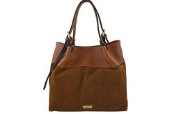 Elegancka torebka damska z naturalnego zamszu - Brązowa jasna. Brązowe torby na ramię Barberini's, bez wzorów, z jeansu, boho, na ramię, duże, zamszowe, bez dodatków. Za 349.99 zł.