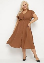 Brązowa Lniana Sukienka o Rozkloszowanym Kroju z Gumką w Talii Ageronna. Brązowe sukienki Born2be, na spotkanie biznesowe, na lato, l, bez wzorów, eleganckie, bez kołnierzyka, bez ramiączek, midi, rozkloszowane. Za 139.99 zł.