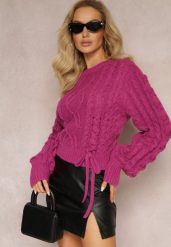 Ciemnofioletowy Sweter z Ozdobnym Sznurowaniem na Dole i Ściągaczami Miritu. Fioletowe swetry Renee, bez wzorów, z wiskozy, bez ramiączek. Za 119.99 zł.