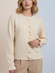 Kardigan z falbaną przy zapięciu - beżowy. Brązowe kardigany Sinsay, l, bez wzorów. Za 49.99 zł.