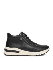 Rieker Botki CEO-M6644-00 Czarny. Czarne botki Rieker, bez wzorów, z materiału, bez obcasa, na koturnie, bez zapięcia. Za 379.99 zł.