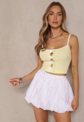 Żółty Top z Prążkowanego Materiału Ozdobiony Kokardami Lenissea. Żółte topy Renee, z aplikacjami, z jeansu, bez kołnierzyka, bez ramiączek. Za 54.99 zł.