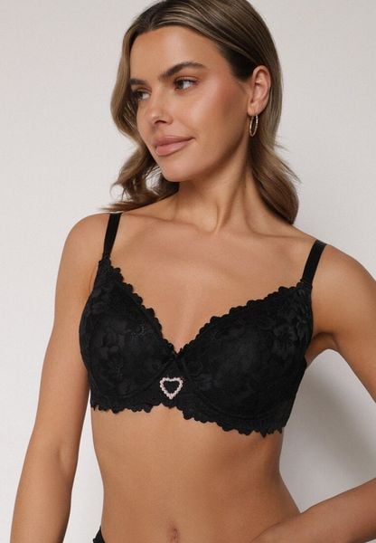 Czarny Biustonosz z Koronką i Sercem z Cyrkonii Coratune. Czarne biustonosze Born2be, bez wzorów, z koronki. Za 39.99 zł.