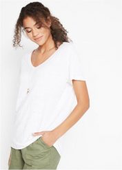 T-shirt z czystego lnu. Białe t-shirty bonprix, bez wzorów, ze lnu, bez kołnierzyka, bez ramiączek. Za 109.99 zł.