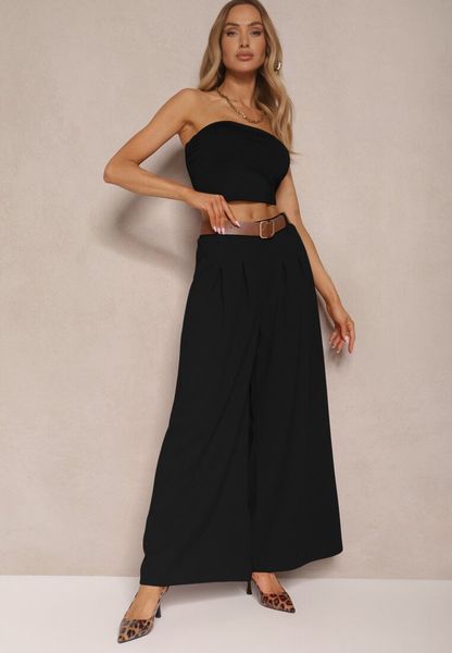 Czarne Spodnie o Szerokim Kroju High Waist Ozdobione Paskiem Rasalle. Czarne spodnie materiałowe Renee, na co dzień, uniwersalny, z aplikacjami, z jeansu, z podwyższonym stanem. Za 79.99 zł.