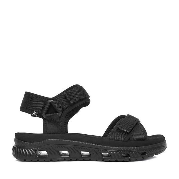 Sandały Rieker. Czarne sandały Rieker, bez wzorów, bez obcasa, na płaskiej podeszwie, bez zapięcia. Za 349.99 zł.