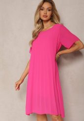Fuksjowa Plisowana Sukienka o Rozkloszowanym Kroju Orxiala. Czerwone sukienki Renee, m, bez wzorów, eleganckie, bez kołnierzyka, bez ramiączek, mini, rozkloszowane. Za 54.99 zł.