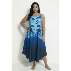 Damskie Sukienka midi tukan krój trapezowy okrągły dekolt bez rękawów. Niebieskie sukienki Ulla Popken, plus size, bez wzorów, z materiału, sportowe, bez kołnierzyka, plus size, bez ramiączek, midi, sportowe. Za 279.99 zł.