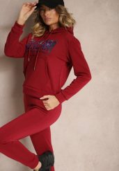 Bordowy Ocieplany Komplet Dresowy Bawełniany Spodnie Joggery i Bluza Zdobiona Nadrukiem Filoira. Czerwone bluzy Renee, m, z aplikacjami, z bawełny, z kapturem. Za 69.99 zł.