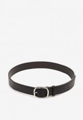 Czarny Pasek Ozdobiony Zaokrągloną Klamrą Pumea. Czarne paski Renee, bez wzorów, z jeansu, eleganckie. Za 24.99 zł.