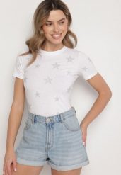 Biały Bawełniany T-shirt z Cyrkoniowymi Aplikacjami w Gwiazdki Tenivella. Białe t-shirty Born2be, l, z aplikacjami, z bawełny, bez kołnierzyka, bez ramiączek. Za 34.99 zł.