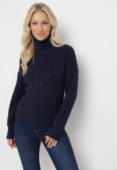 Granatowy Sweter z Golfem w Warkoczowy Splot ze Ściągaczami Maraiwai. Niebieskie golfy Born2be, bez wzorów, ze splotem, bez ramiączek. Za 109.99 zł.