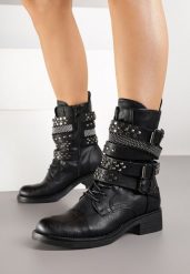 Czarne Botki w Stylu Workerów z Klamrami i Nitami Tulissea. Czarne botki Born2be, bez wzorów, z jeansu, bez obcasa, na płaskiej podeszwie, bez zapięcia. Za 159.99 zł.