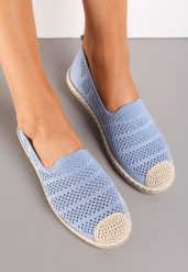 Niebieskie Ażurowe Espadryle Ozdobione Plecionką na Podeszwie i Nosku Tarniesa. Niebieskie espadryle Renee, z aplikacjami, bez obcasa, na płaskiej podeszwie, bez zapięcia. Za 44.99 zł.