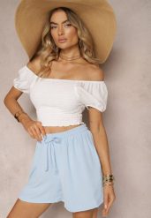Jasnoniebieskie Szorty o Luźnym Kroju High Waist z Gumką w Talii Vimallora. Niebieskie szorty Renee, bez wzorów, eleganckie, z podwyższonym stanem. Za 44.99 zł.