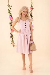 Rozkloszowana Sukienka w Paski - Różowa. Czerwone sukienki Merribel, l, bez wzorów, z elastanu, bez kołnierzyka, bez ramiączek, rozkloszowane. Za 132.90 zł.