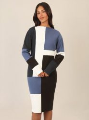 APART Sukienka dzianinowa w kolorze czarno-niebiesko-białym rozmiar: 42. Czarne sukienki Apart, na co dzień, bez wzorów, z dzianiny, bez kołnierzyka, bez ramiączek, midi, proste. Za 234.95 zł.