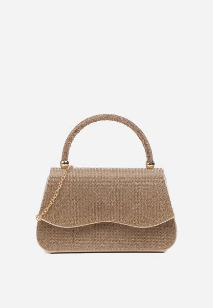 Złota Torebka Koktajlowa z Rączką Wysadzana Cyrkoniami z Łańcuszkiem Halorea. Żółte torebki klasyczne Renee, bez wzorów, bez dodatków. Za 109.99 zł.