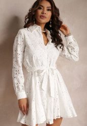 Biała Koszulowa Sukienka Ażurowa z Wiązanym Paskiem Faeyela. Białe sukienki Renee, l, w ażurowe wzory, z materiału, bez kołnierzyka, bez ramiączek, mini, koszulowe. Za 164.99 zł.